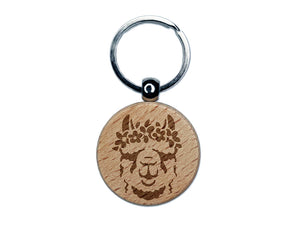 Flower Crown Llama Head Engraved Wood Round Keychain Tag Charm