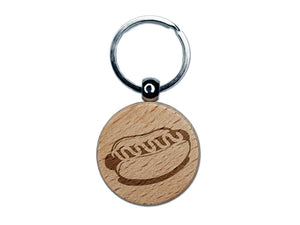 Hotdog Wiener Bun Ketchup Mustard Engraved Wood Round Keychain Tag Charm