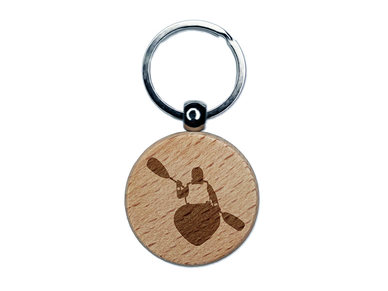 Person Kayaking with Paddle Back Behind View Engraved Wood Round Keychain Tag Charm