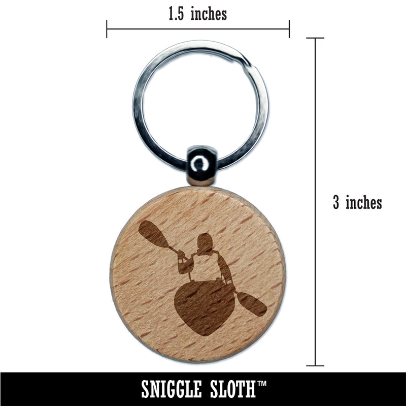 Person Kayaking with Paddle Back Behind View Engraved Wood Round Keychain Tag Charm