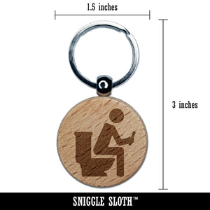Person Sitting on Toilet with Phone Restroom Pooping Engraved Wood Round Keychain Tag Charm