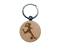 Soccer Player Woman Kicking Ball Association Football Engraved Wood Round Keychain Tag Charm