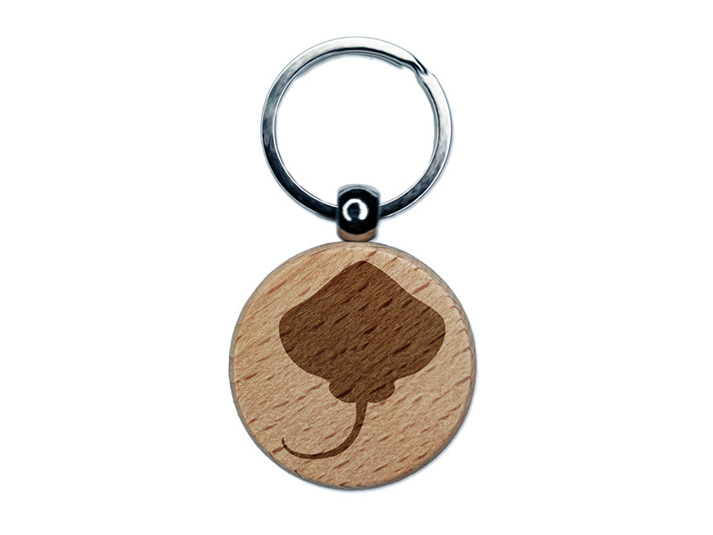 Stingray Skate Fish Silhouette Engraved Wood Round Keychain Tag Charm