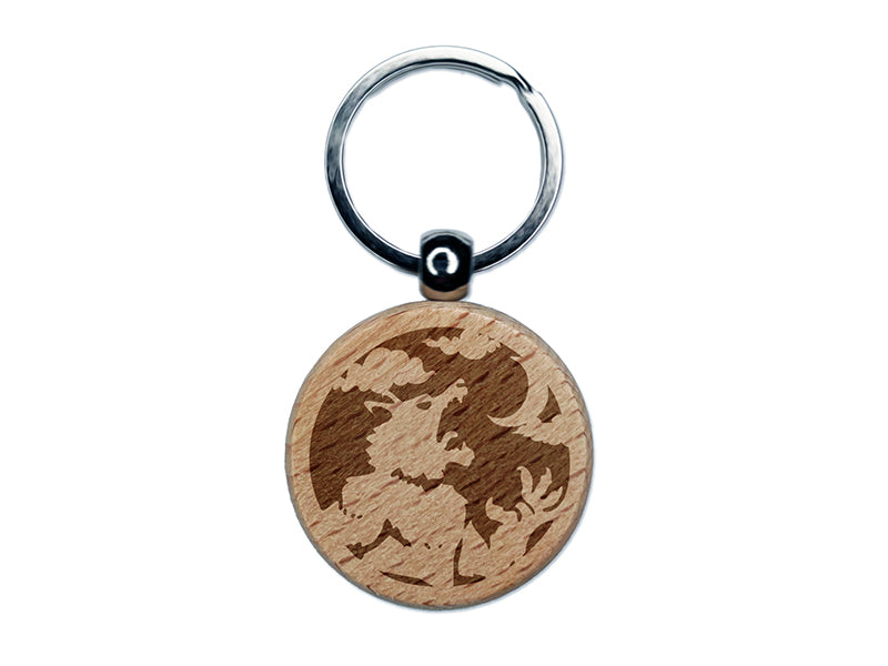 Werewolf Monster Howling at Moon Halloween Engraved Wood Round Keychain Tag Charm