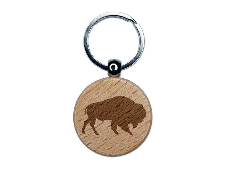 American Buffalo Bison Solid Engraved Wood Round Keychain Tag Charm