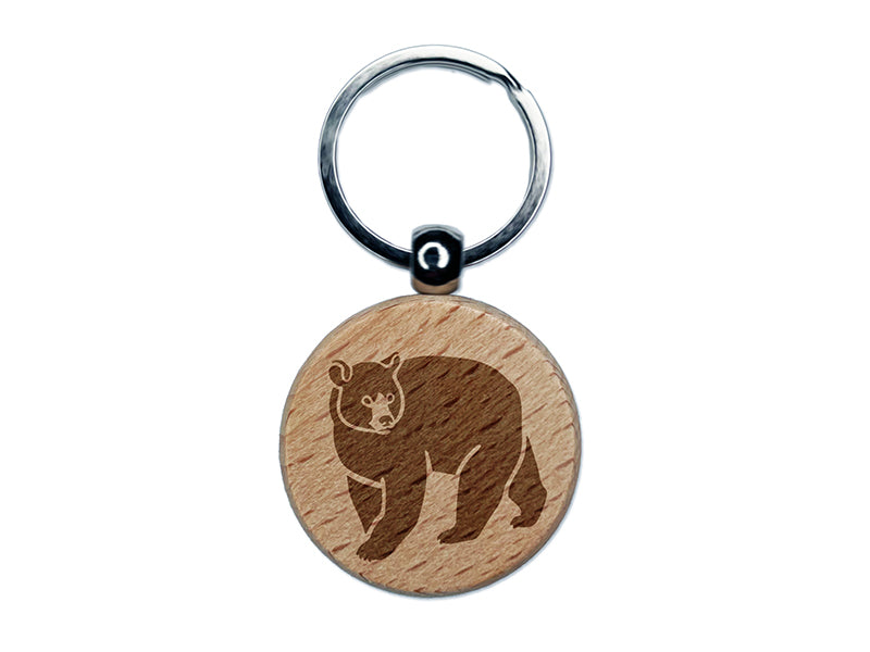 Black Bear Engraved Wood Round Keychain Tag Charm