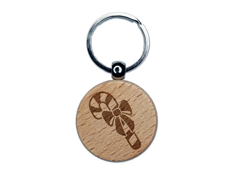 Candy Cane with Bow Christmas Engraved Wood Round Keychain Tag Charm