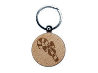 Candy Cane with Bow Christmas Engraved Wood Round Keychain Tag Charm