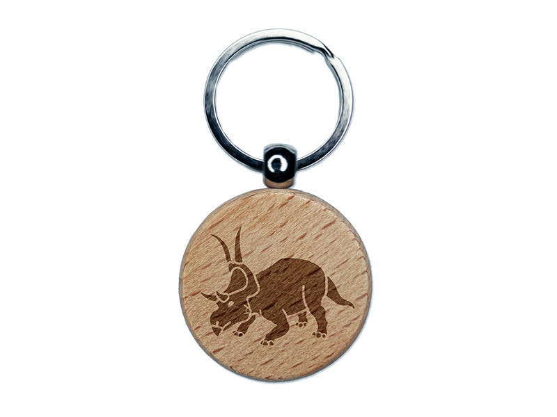 Diabloceratops Dinosaur Engraved Wood Round Keychain Tag Charm
