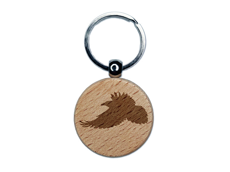 Flying Raven Bird Engraved Wood Round Keychain Tag Charm