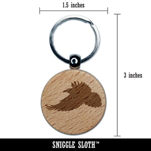 Flying Raven Bird Engraved Wood Round Keychain Tag Charm