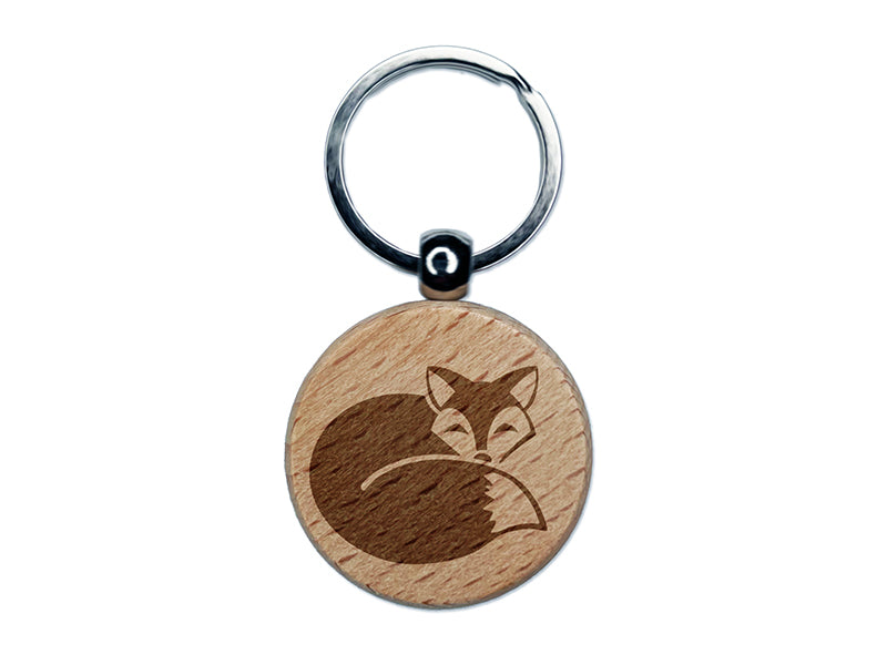 Fox Curled Up Sleeping Engraved Wood Round Keychain Tag Charm