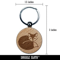 Fox Curled Up Sleeping Engraved Wood Round Keychain Tag Charm