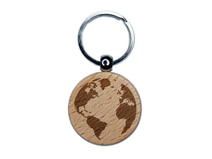 Globe of Earth Engraved Wood Round Keychain Tag Charm