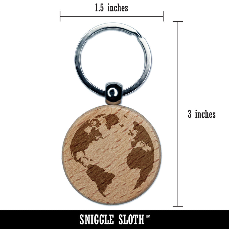 Globe of Earth Engraved Wood Round Keychain Tag Charm