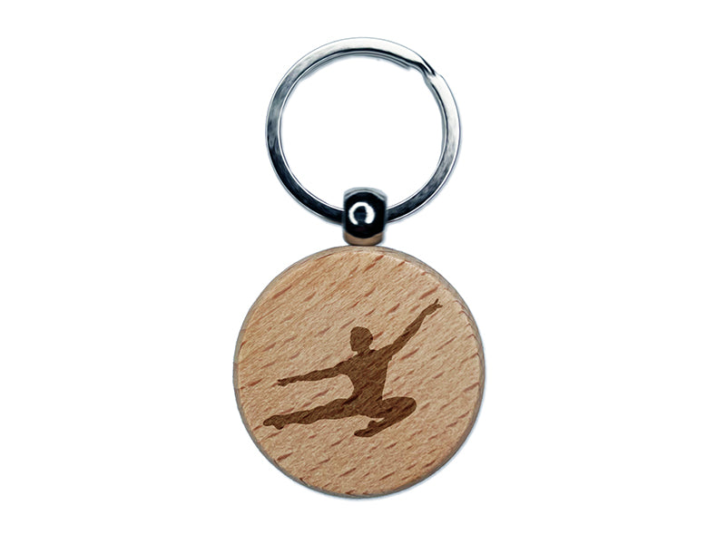 Male Ballet Dancer Jumping Man Boy Engraved Wood Round Keychain Tag Charm
