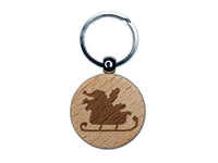 Santa in Sleigh Silhouette Christmas Engraved Wood Round Keychain Tag Charm