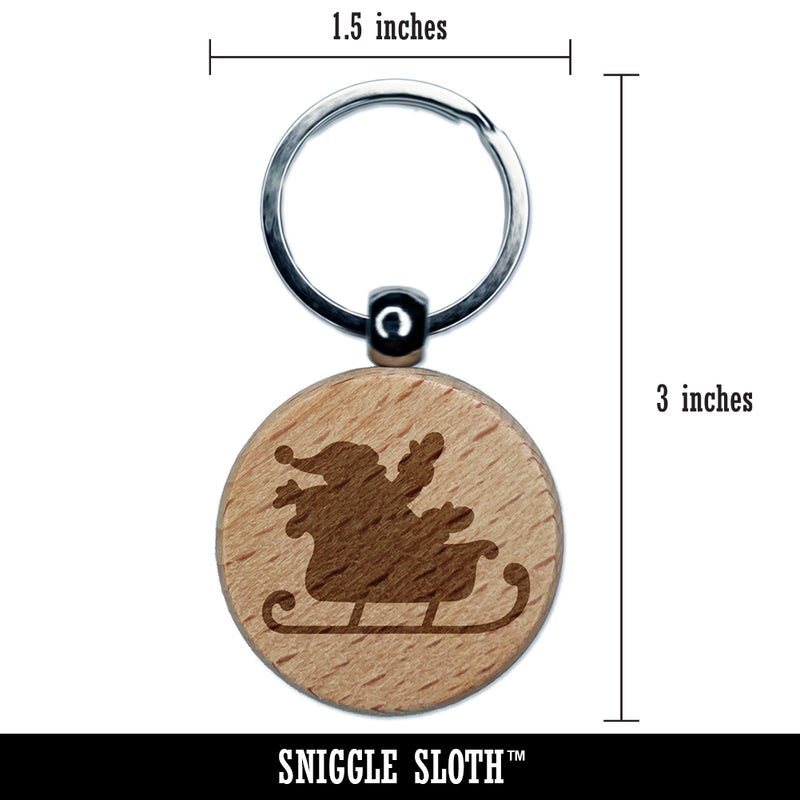 Santa in Sleigh Silhouette Christmas Engraved Wood Round Keychain Tag Charm