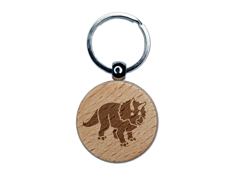Triceratops Dinosaur Engraved Wood Round Keychain Tag Charm