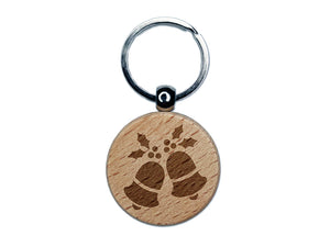 Christmas Bells with Holly Engraved Wood Round Keychain Tag Charm