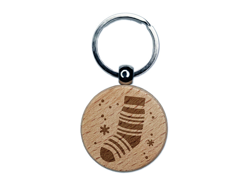 Christmas Stocking Sock Engraved Wood Round Keychain Tag Charm