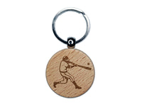 Baseball Player Batter Hitting Ball Engraved Wood Round Keychain Tag Charm