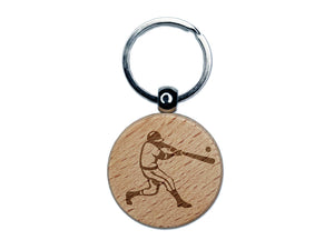 Baseball Player Batter Hitting Ball Engraved Wood Round Keychain Tag Charm