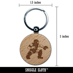 Baseball Player Catcher with Mitt Engraved Wood Round Keychain Tag Charm