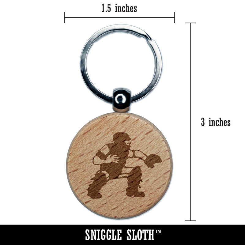 Baseball Player Catcher with Mitt Engraved Wood Round Keychain Tag Charm