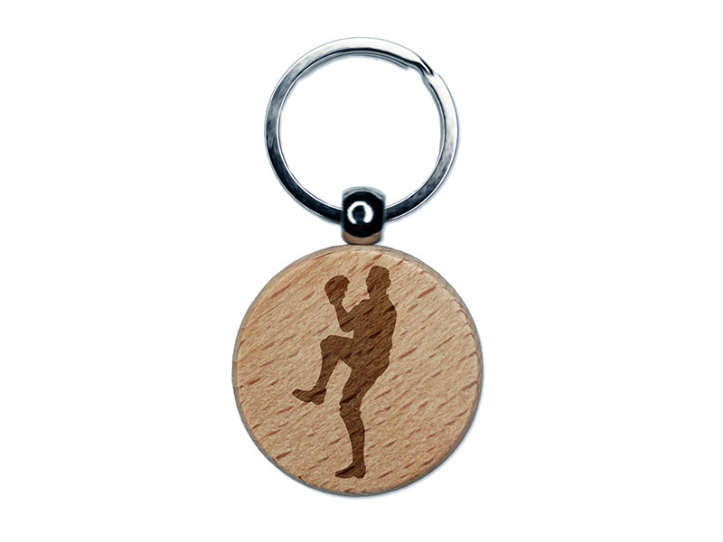 Baseball Player Pitcher Winding Up Engraved Wood Round Keychain Tag Charm