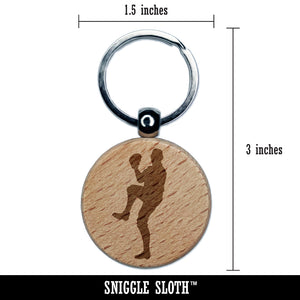 Baseball Player Pitcher Winding Up Engraved Wood Round Keychain Tag Charm