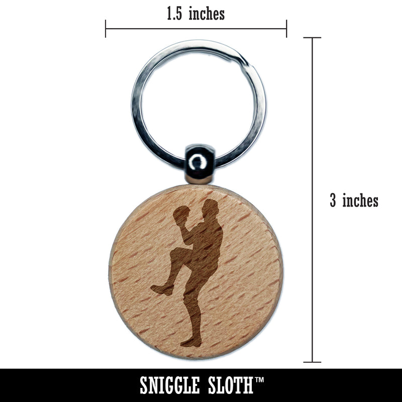 Baseball Player Pitcher Winding Up Engraved Wood Round Keychain Tag Charm