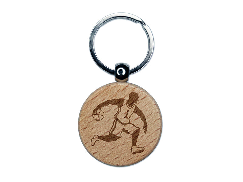 Basketball Player Dribbling Ball Running Engraved Wood Round Keychain Tag Charm