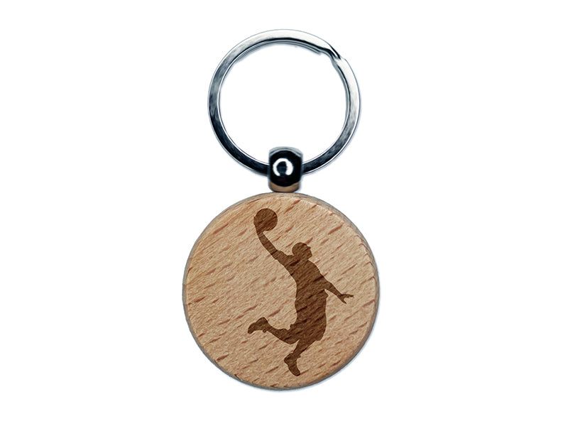Basketball Player Slam Dunk Sports Engraved Wood Round Keychain Tag Charm