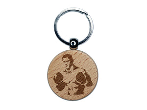 Boxer Man with Boxing Gloves Pugilist Engraved Wood Round Keychain Tag Charm