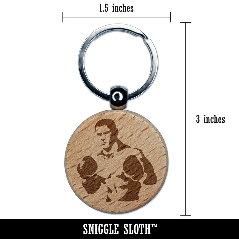 Boxer Man with Boxing Gloves Pugilist Engraved Wood Round Keychain Tag Charm