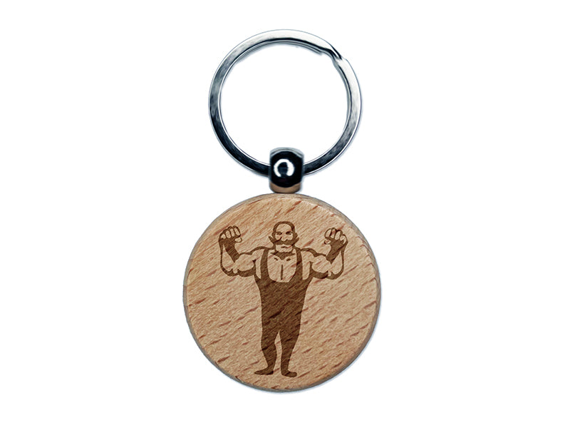 Buff Strong Bald Circus Man with Mustache Engraved Wood Round Keychain Tag Charm