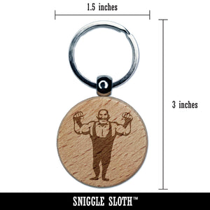 Buff Strong Bald Circus Man with Mustache Engraved Wood Round Keychain Tag Charm