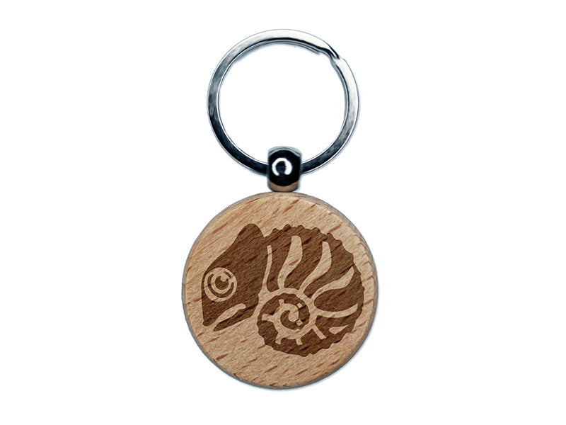 Cautiously Curled Chameleon Lizard Engraved Wood Round Keychain Tag Charm