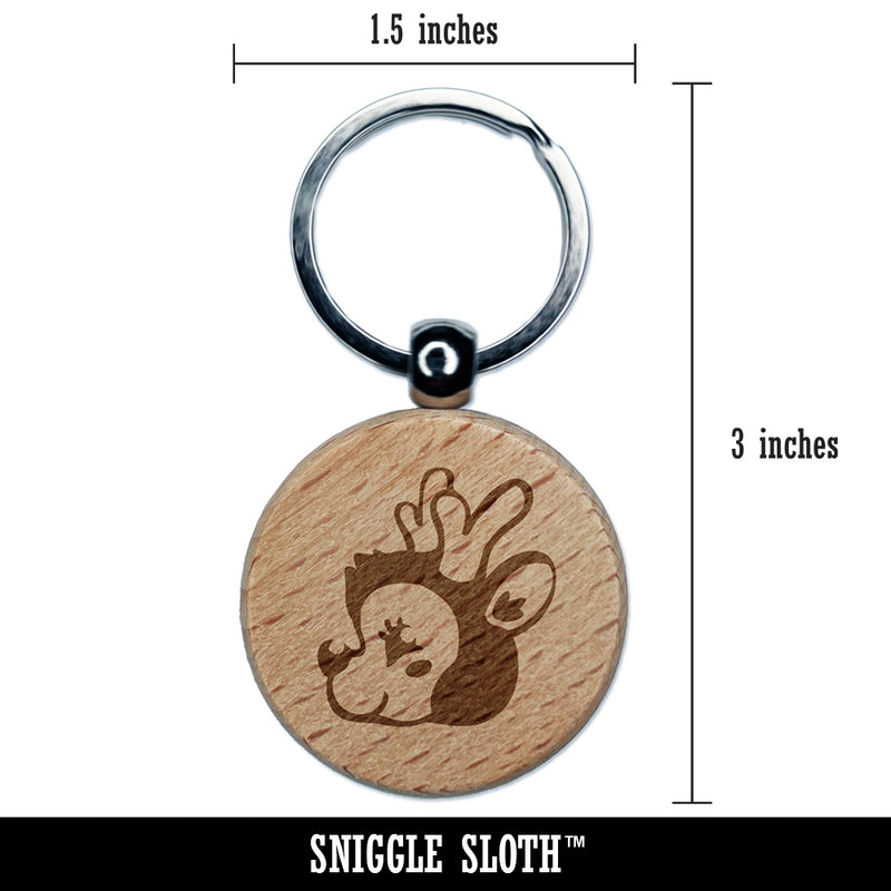 Cheerful Holiday Reindeer Christmas Engraved Wood Round Keychain Tag Charm