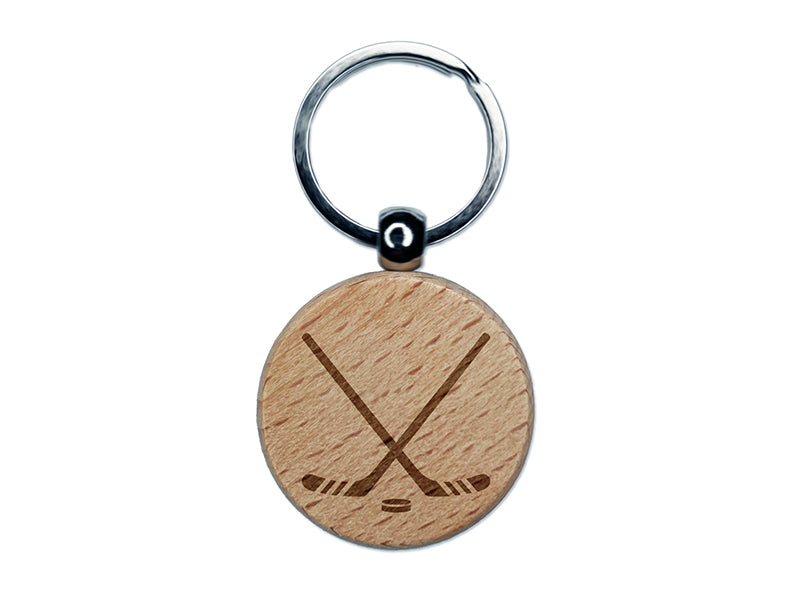Crossed Hockey Sticks and Puck Engraved Wood Round Keychain Tag Charm