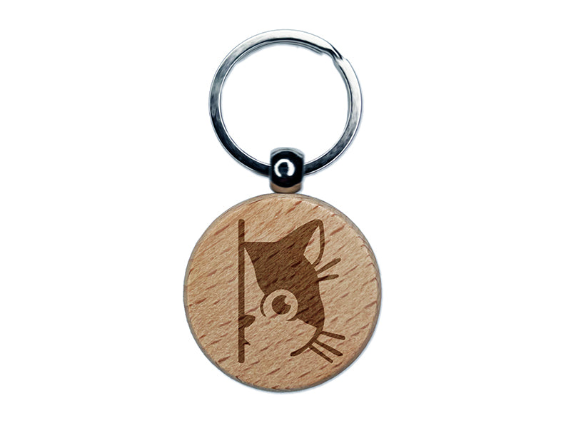 Curious Kitty Cat Hiding Peeking Around Corner Engraved Wood Round Keychain Tag Charm