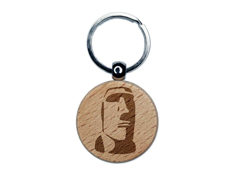 Easter Island Statue Stone Head Monument Engraved Wood Round Keychain Tag Charm