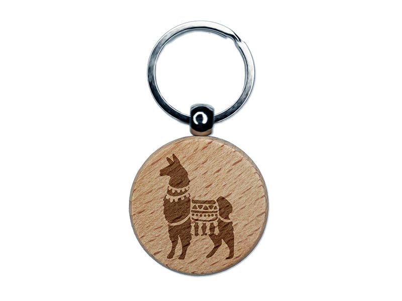 Fancy Llama with Geometric Blanket and Tassels Engraved Wood Round Keychain Tag Charm