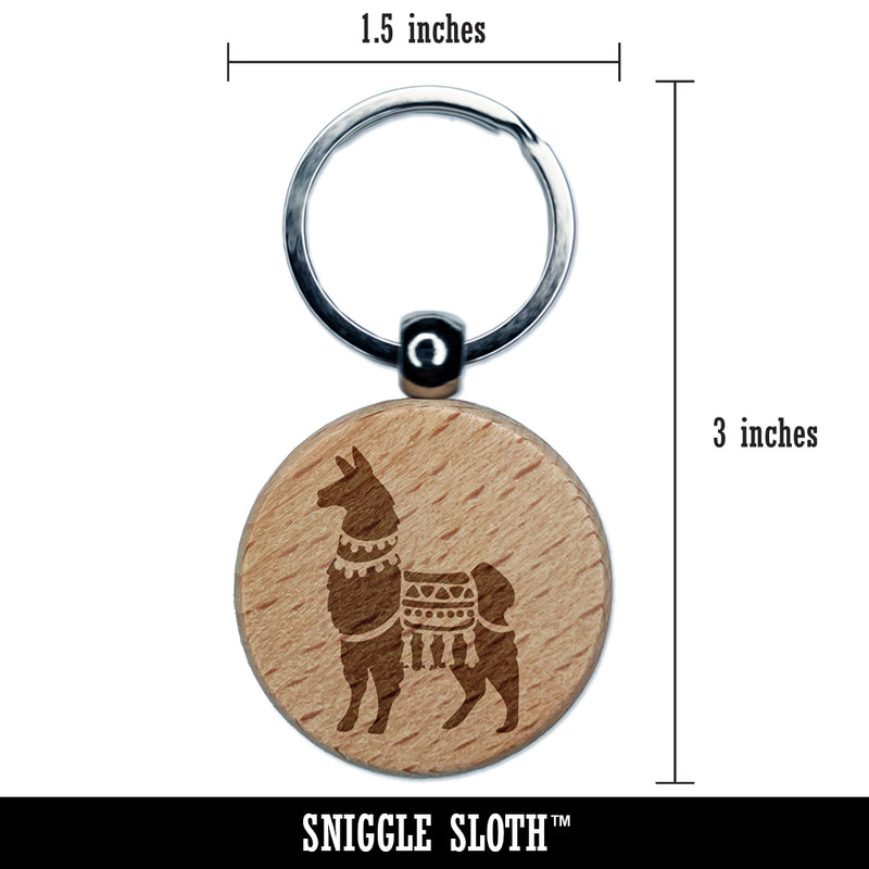 Fancy Llama with Geometric Blanket and Tassels Engraved Wood Round Keychain Tag Charm