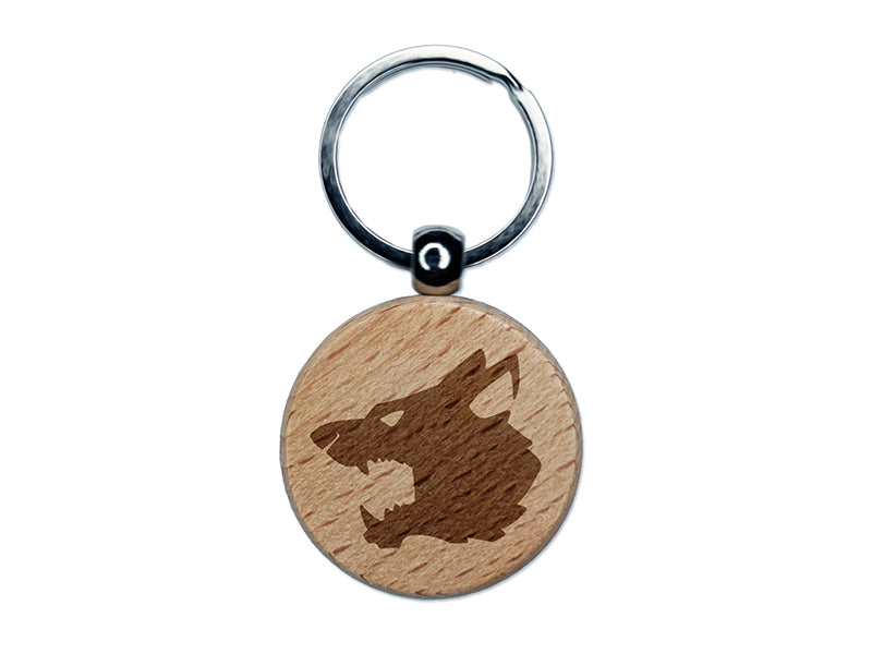 Ferocious Snarling Wolf Head Side Engraved Wood Round Keychain Tag Charm