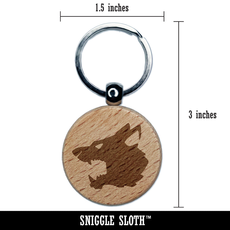 Ferocious Snarling Wolf Head Side Engraved Wood Round Keychain Tag Charm