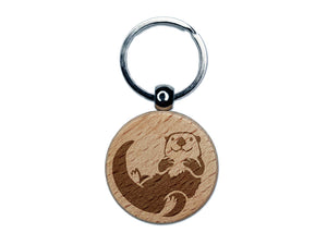 Floating Sea Otter Engraved Wood Round Keychain Tag Charm