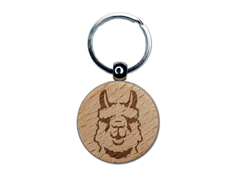 Fluffy Wooly Llama Head Engraved Wood Round Keychain Tag Charm