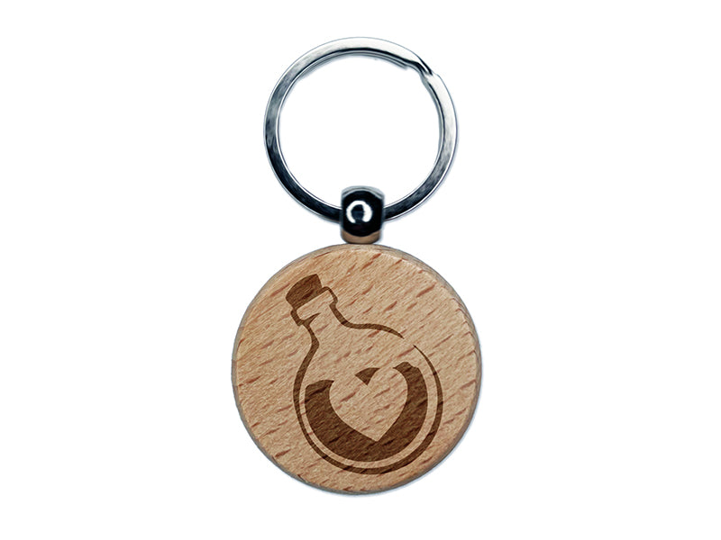 Heart Love Health Potion Bottle Engraved Wood Round Keychain Tag Charm